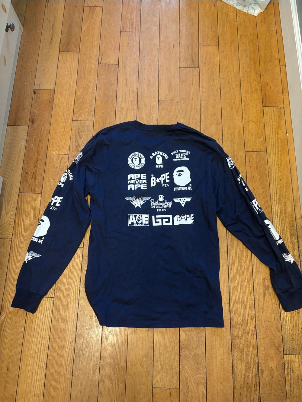 Bape Navy Long Sleeve Logo Print Pullover